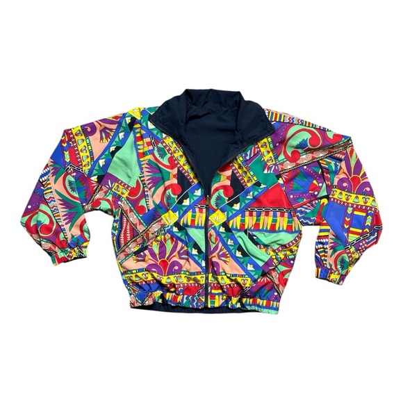 VINTAGE HEAD REVERSIBLE NAVY ABSTRACT FLORAL ZIPPERED FRONT WINDBREAKER JACKET - Picture 5 of 11